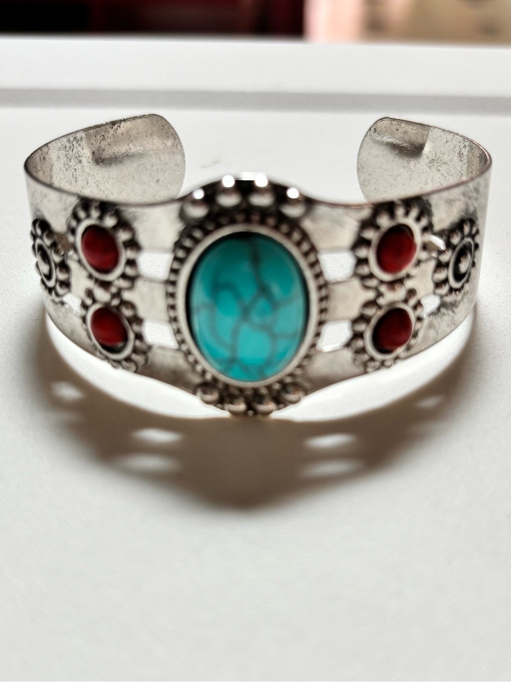 Turquoise & Coral Stone Silvery Cuff Bracelet - Women Jewelry